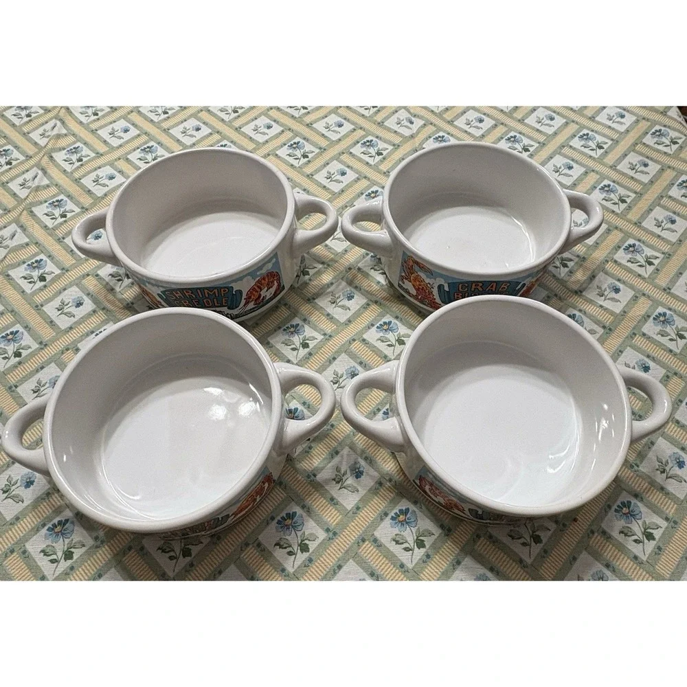 Shrimp Creole, Crab Bisque, Crawfish Étouffée, Gumbo 4 Two Handle Bowls 1990